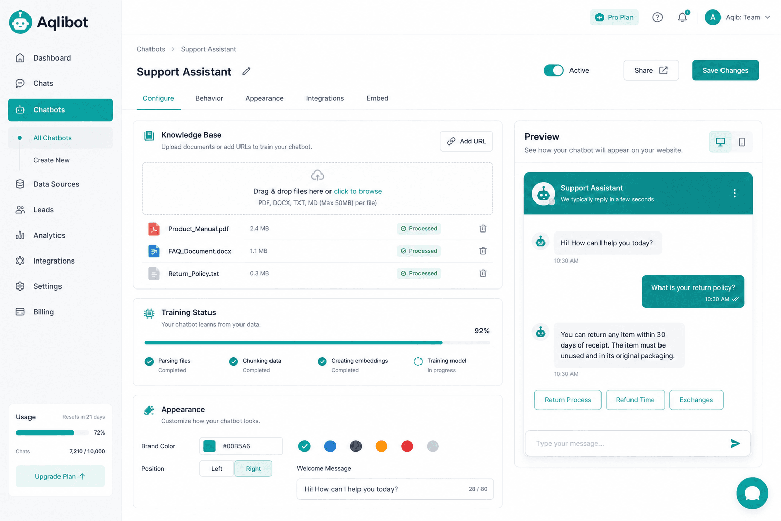 Aqlibot â€” No-Code Chatbot Builder preview